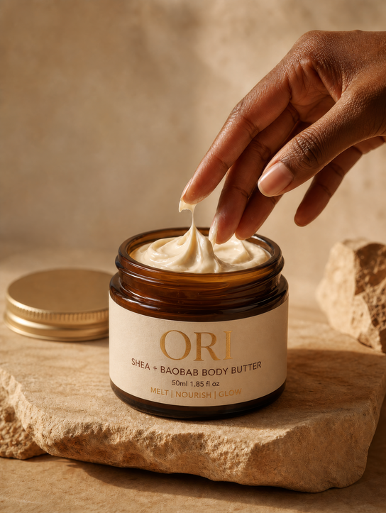 AI-generated body butter jar hero still on stone